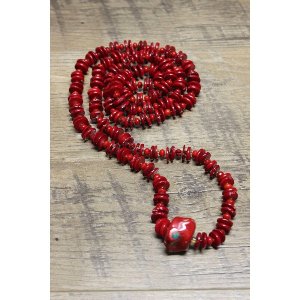 Red bamboo coral glass bead vintage chunky statement necklace 24"